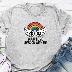 Rainbow Bridge Memorial Tee Dog Cat Gray T-Shirt Rainbow Wings Graphic Paw